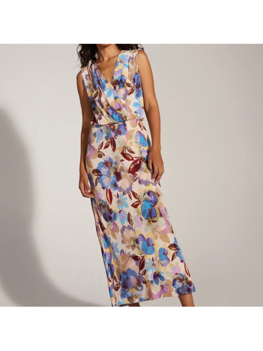 Favorite Daughter Floral Wrap Midi Dress in Blue, Cream & Brown